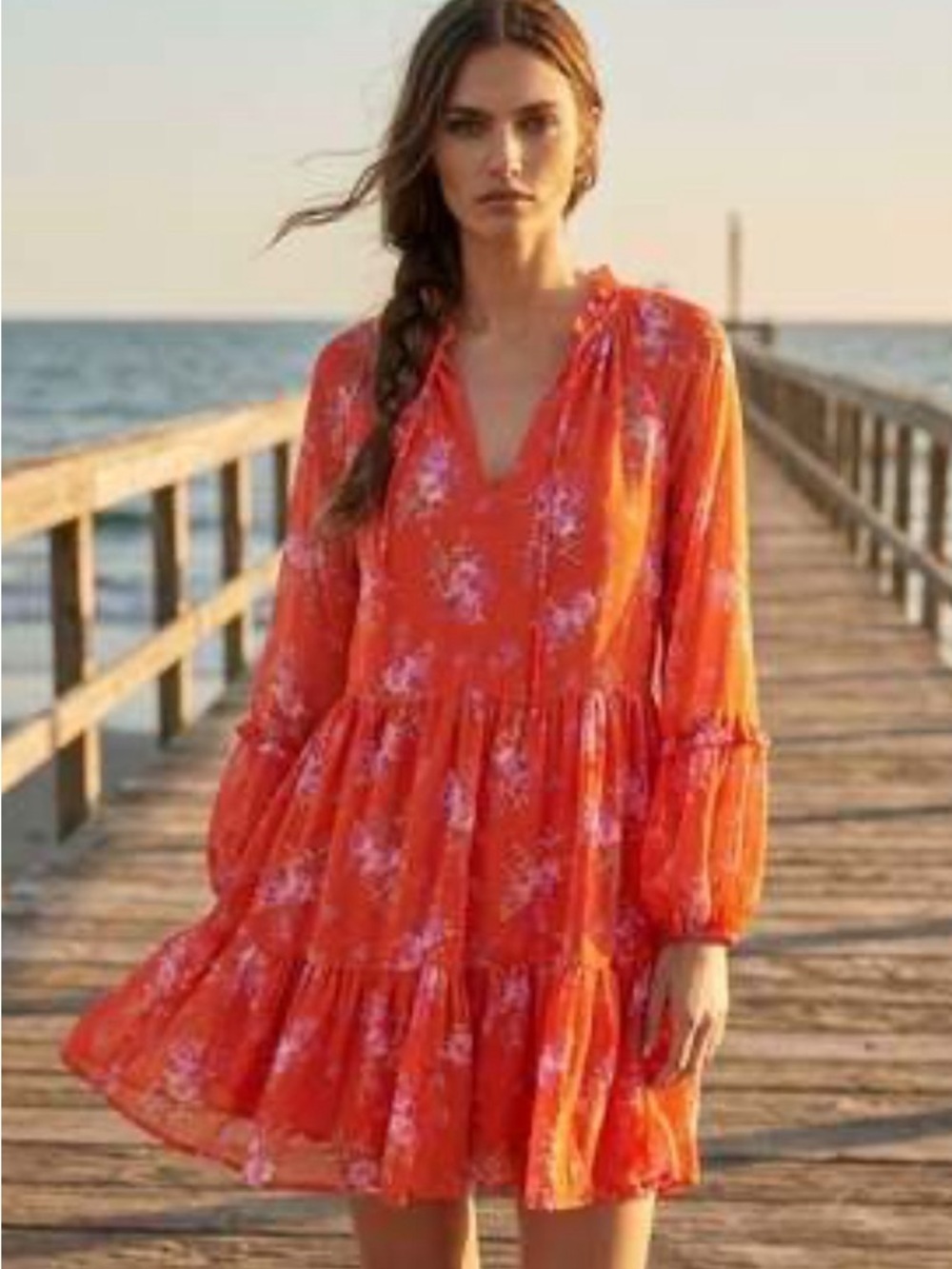 Vince Camuto Orange Floral Tiered Mini Dress Medium